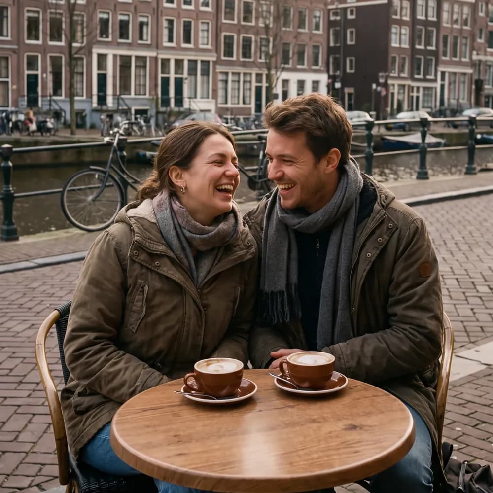 A couple over coffee at a canal-side table