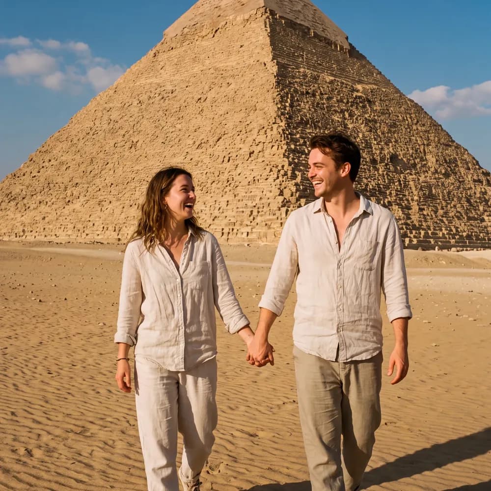 A couple walking hand in hand across desert sand