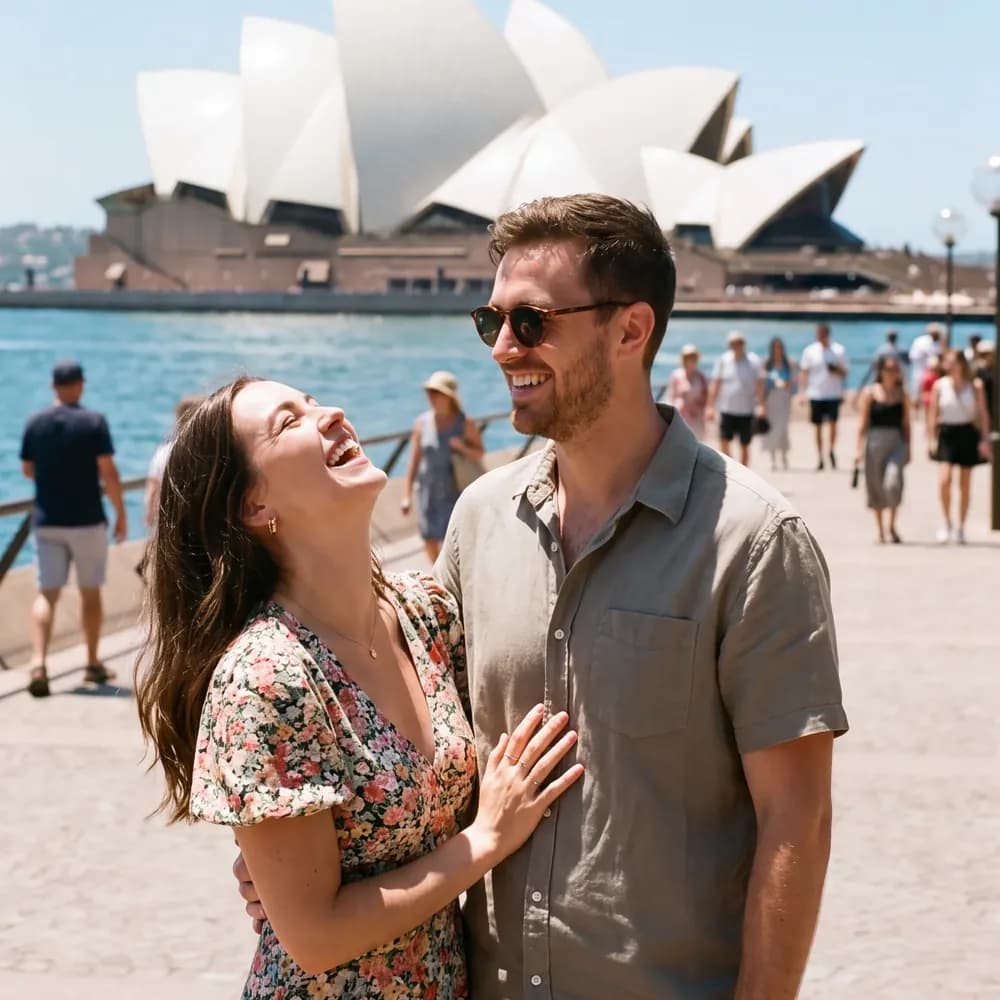 A couple laughing on a harbour walkway